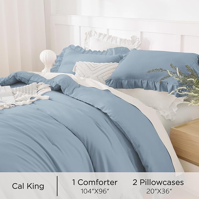 Andency California King Comforter Sets Grayish Blue (104x96Inch), 3 Pieces Cal King Ruffle Comforter, Oversized Farmhouse Shabby Chic Bed Comforter, Lightweight and Soft Microfiber Bedding Set