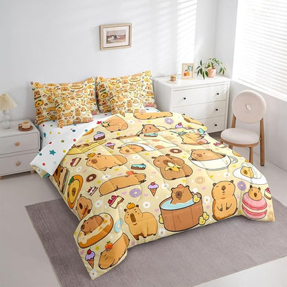 Cute Capybaras 7 Pieces Bedding Set Twin Size,Funny Rodent Animals Bed in a Bag,Capybara Themed Bed Set Includes Comforter,Sheet Set,Pillowcases & Pillow Covers,Yummy Donut Cakes Bedroom Decor