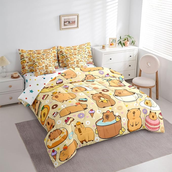 Cute Capybaras 7 Pieces Bedding Set Queen Size,Funny Rodent Animals Bed in a Bag,Capybara Themed Bed Set Includes Comforter,Sheet Set,Pillowcases & Pillow Covers,Yummy Donut Cakes Bedroom Decor