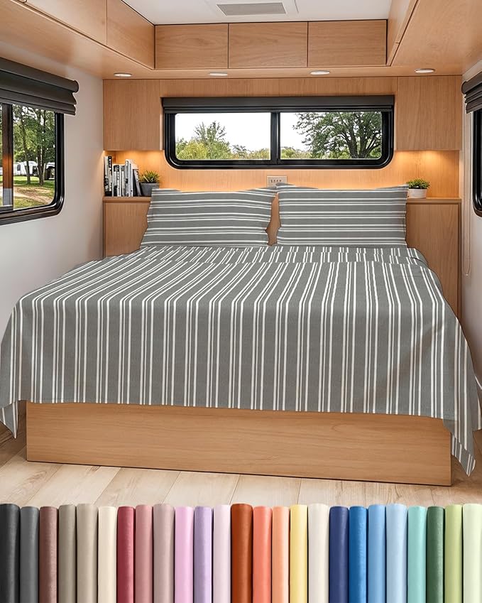 Short Queen RV Size 4 Piece Sheet Set - Comfy Breathable & Cooling Bed Sheets Set - Hotel Luxury Bedding for Women, Men, Kids, Teens, Boys & Girls - Deep Pockets, Ultra-Soft, Oeko-Tex - Grey Stripes