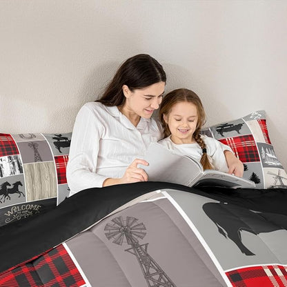 Erosebridal Cabin Rustic Lodge Comforter Set, Horseshoe Horse Quilt Queen Size for Kids Boys Men Bedroom Decor,Country Windmill Down Comforter Retro Farmhouse Grid Patchwork Bedding, 2 Pillow Cases