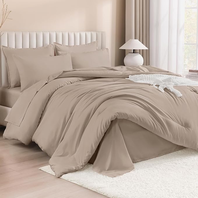 Litanika Full Size Comforter Sets Light Coffee - 7 Pieces Bed in a Bag Beddding Sets, Solid Lightweight Bed Set with Comforter, Sheets, Pillowcases & Shams