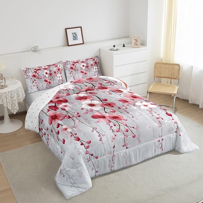 Manfei Spring Flower Comforter Set Toddler Size, Watercolor Cherry Blossom Bedding Set 2pcs, Japanese Style Pink White Floral Down Comforter, Kids Girls Women Room Decor, 1 Pillowcase, No Sheets
