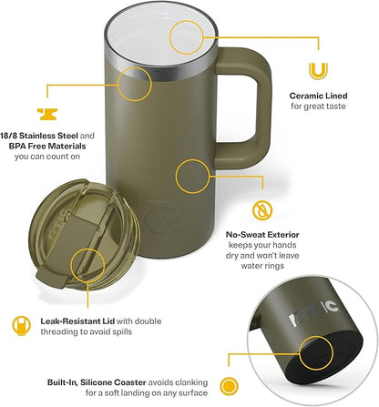 RTIC 16oz Road Trip Travel Mug with Lid and Handle, Ceramic Lined, Insulated, Stainless Steel, Metal, Double Wall Vacuum-Insulation, Portable Coffee, Tea Cup for Hot and Cold Drink, Olive