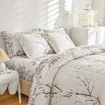 UOZZI BEDDING Cream White Bed in a Bag King 7 pc Branch Style All Season Soft Microfiber Reversible Bed Comforter Set (1 Comforter 2 Pillow Shams 1 Flat Sheet 1 Fitted Sheet 2 Pillowcases)