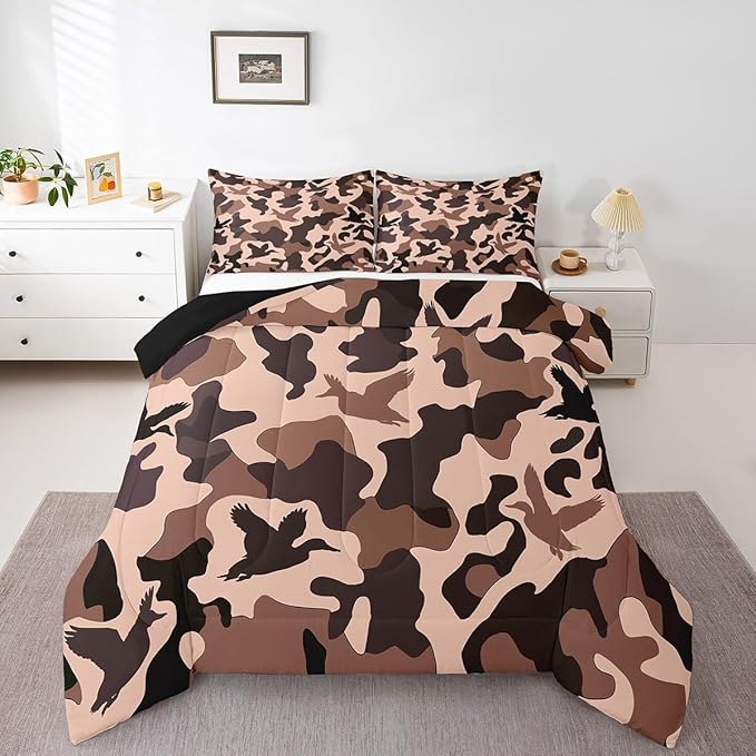 Erosebridal Camo Comforter Set Queen Size Duck Hunter Bedding for Kids Girls Army Camouflage Hunting Bedding Comforter Sets Vintage Pink Brown Room Decor Wild Animal Duck Farmhouse Duvet Insert