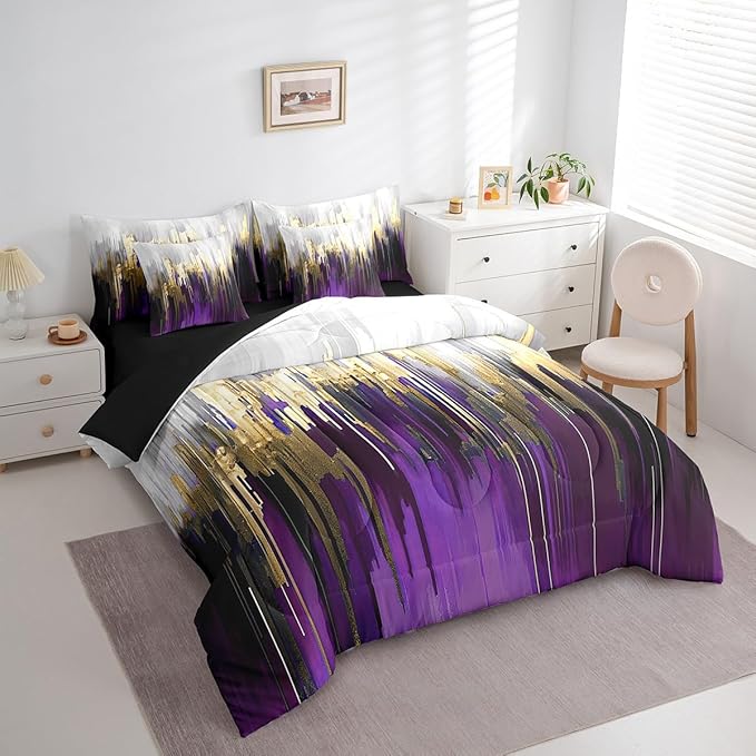 Purple Bedding Comforter Sets 7pcs Watercolor Graffiti Bed in a Bag, Striped Oil Painting Queen Bedding Sets Aesthetic Modern Comforter Set, Ombre Brush Marks Contemporary Bedding Sets & Collections