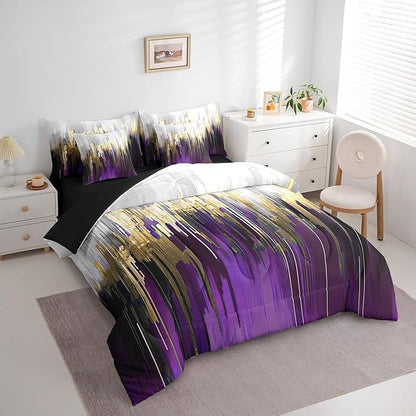 Purple Full Comforter Set 7 Pieces Watercolor Graffiti Bedding Comforter Sets, Striped Oil Painting Bed in a Bag Aesthetic Modern Bedding Set, Ombre Brush Marks Contemporary Bed Sheets Set Gold Decor