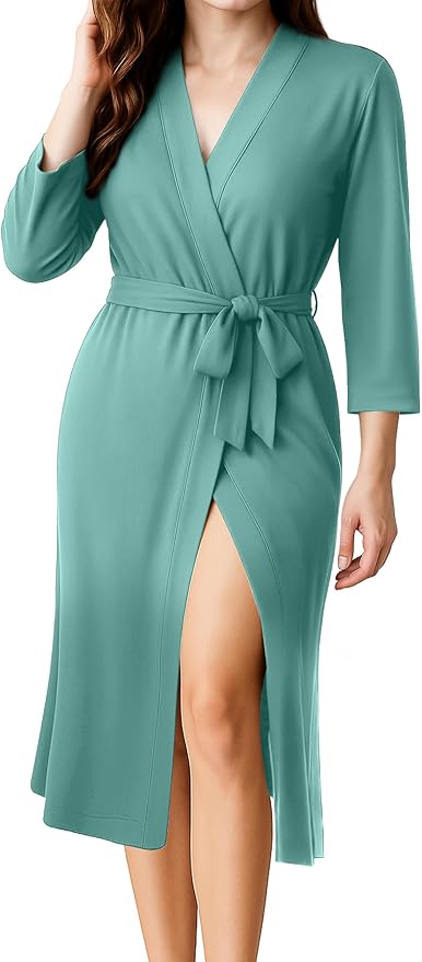 NY Threads Women's Robe Long Knit Bathrobe 3/4 Sleeves Soft Kimono Lightweight Loungewear