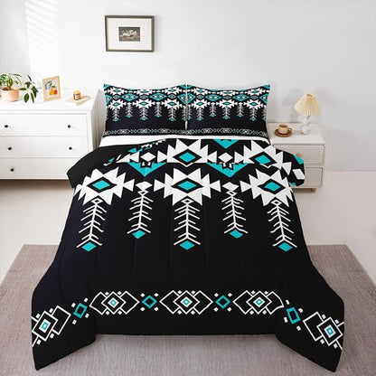 Erosebridal Queen Western Aztec Comforter Set for Boys, Native American Navajo Bedding Set Rustic Southwestern Quilt Ethnic American Native Geometric Down Comforter for Teens Adult Bedroom, Black