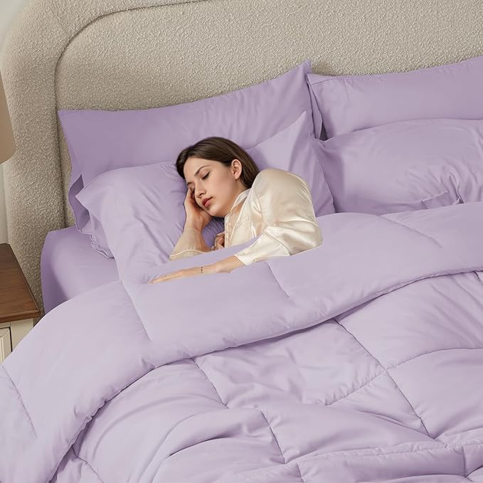 Anluoer Full Comforter Set 7 Piece, Lavender Bed in a Bag with Sheets, Comforters Full Size Bedding Sets with 1 Comforter, 2 Pillow Shams, 2 Pillowcases, 1 Flat Sheet,1 Fitted Sheet