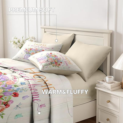 Nesker 5 Pcs Spring Comforter Set Twin Size, Floral Butterflies Bedding Set for Kids and Adults, Pastel Flower Bed Sheet Sets with Fitted Sheet Pillowcase & Sham