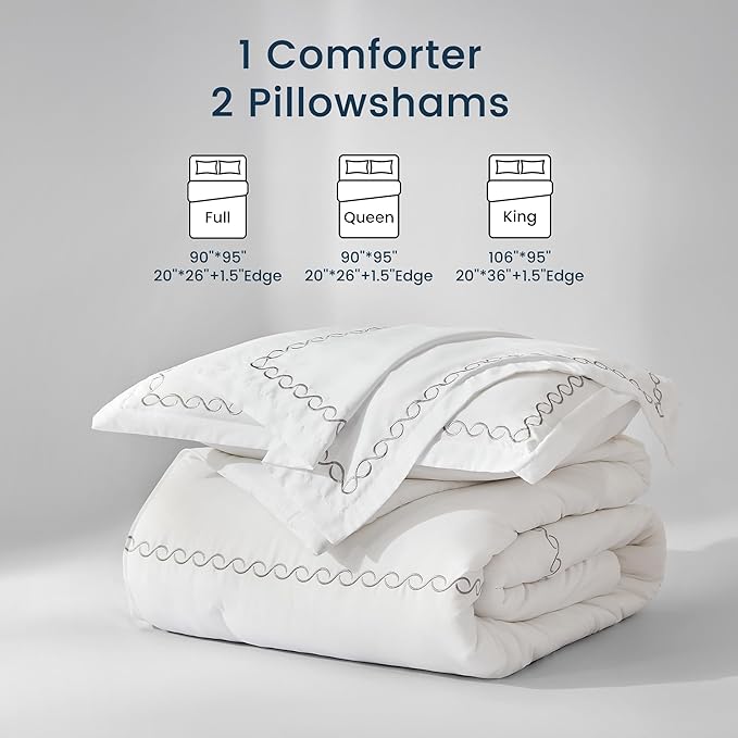 SLEEP ZONE Queen Comforter Set, Luxury Hotel Collection Comforter, 3 Pieces Fluffy Lightweight Down Alternative Duvet Insert with Embroidered Stripes (Wave Curves, Full/Queen)