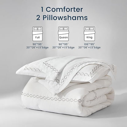 SLEEP ZONE Queen Comforter Set, Luxury Hotel Collection Comforter, 3 Pieces Fluffy Lightweight Down Alternative Duvet Insert with Embroidered Stripes (Wave Curves, Full/Queen)