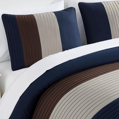 Chezmoi Collection Briar 7-Piece California King Bed in a Bag - All Season Lightweight Microfiber Comforter Set - Includes Sheets & Shams - Midnight Blue/Brown/Coffee Pleated Stripe Design