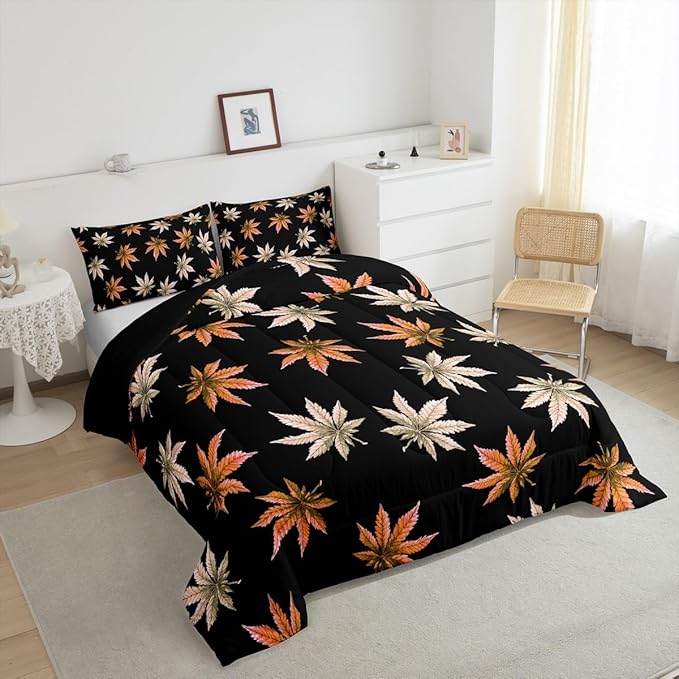 Erosebridal Orange Leaves Comforter Set Twin, Leaves Bedding for Kids Teens Adult,Tropical Botanical Down Comforter,Exotic Plant Bedding Comforter Sets,Soft Cozy