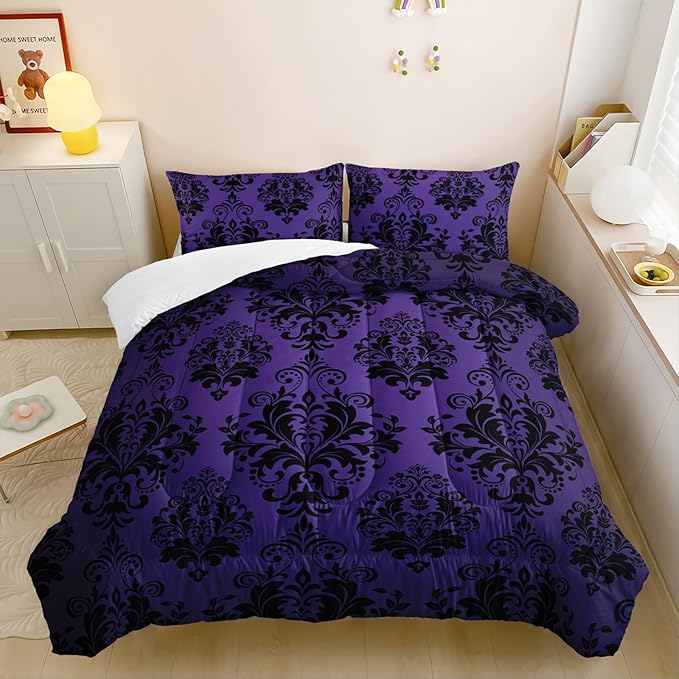 Violet Gothic Floral Print Comforter Set Twin Size,Vintage Damask Floral Bedding Set,Bohemian Exotic Printed Quilted Set for Teens Adult,with 1 Comforter and 2 Pillow Case