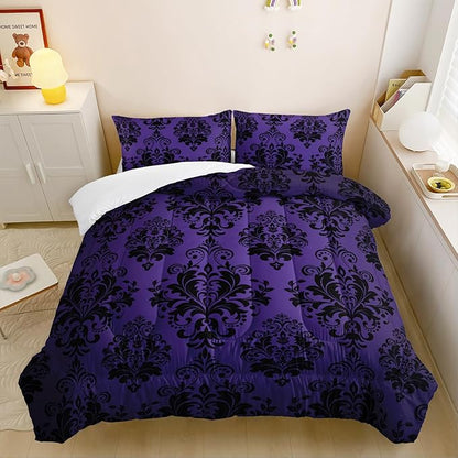 Violet Gothic Floral Print Comforter Set Queen Size,Vintage Damask Floral Bedding Set,Bohemian Exotic Printed Quilted Set for Teens Adult,with 1 Comforter and 2 Pillow Case