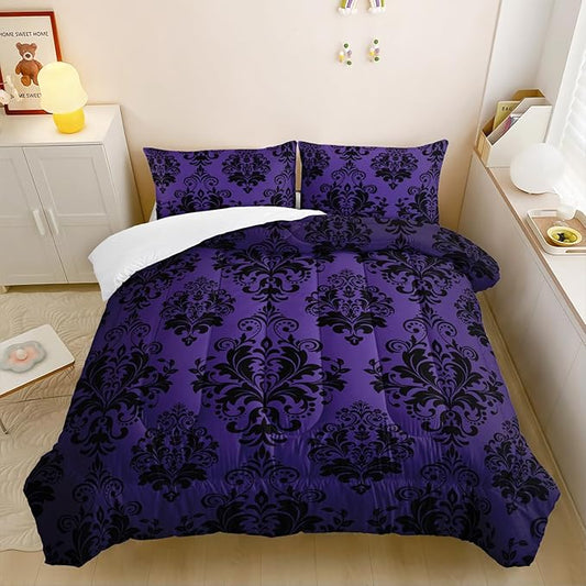 Violet Gothic Floral Print Comforter Set Queen Size,Vintage Damask Floral Bedding Set,Bohemian Exotic Printed Quilted Set for Teens Adult,with 1 Comforter and 2 Pillow Case