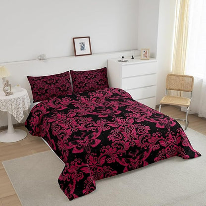 Feelyou Adults Pink Vintage Damask Floral Comforter Set Oriental Antique Comforter Full Size Gothic Bohemia Boho Flower Bedding Set Gothic Skull Duvet Set Quilt Set 3Pcs