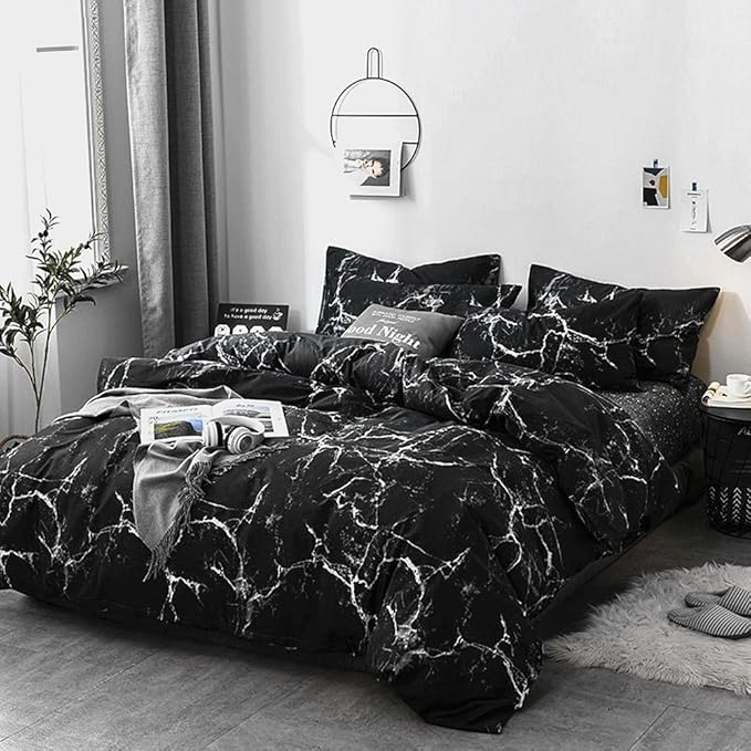Pureant Black Marble Comforter Sets California King Black and White Marble Bedding Comforters Cotton Women Men Modern Aesthetic Black Quilt Comforter Set Cal King Size Abstract Black Marble Blankets
