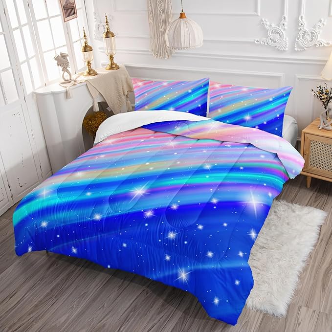 Pink Rainbow Gradient Star Comforter Set Queen Size,Colorful Bedding Set for Boys Girls Teens,Tie Dye Pastel 3 Pieces Duvet Sweet Bedroom Decor