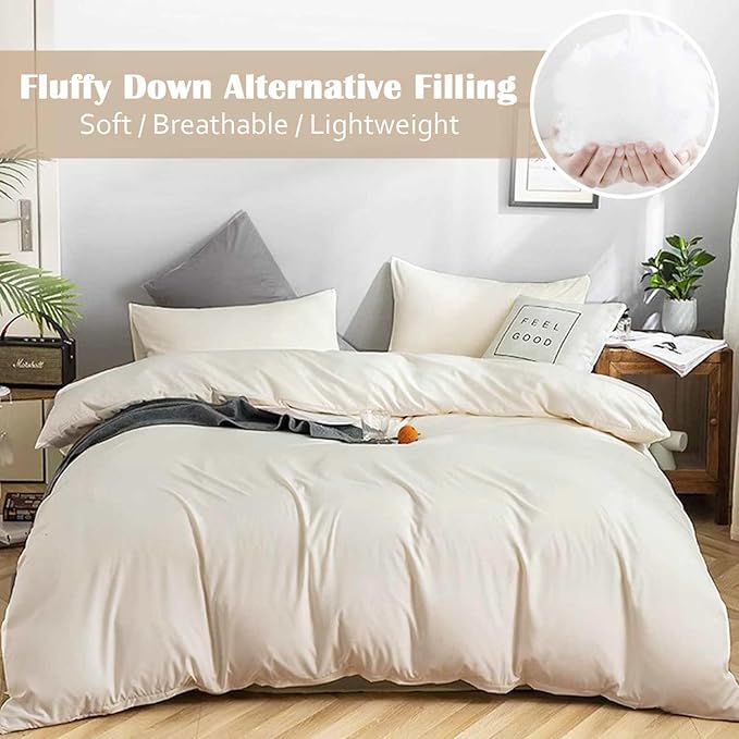 Nanko Beige Queen Size Comforter Set, Spring Soft Microfiber Reversible Down Alternative Quilted Duvet Insert, Modern Farmhouse Neutral Bedding Sets Bed in a Bag for Women Men,88 x 90 inch 3pcs, Cream