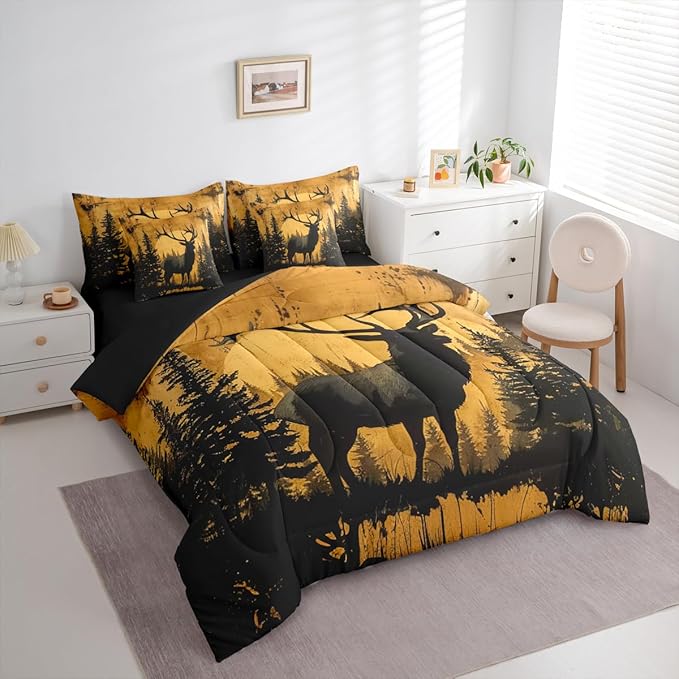 Erosebridal Full Size Rustic Cabin Lodge Comforter Set with Sheets 7 Pcs | Hunting Deer Bedding Set for Kids Boys Teens Adults Rural Country Cute Deer Bed Sets Woodland Farmhouse Animal Quilt Sets