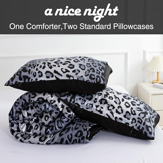 A Nice Night Leopard Printed，Satin Silky Soft Quilt Sexy Luxury Super Soft Microfiber Comforter Quilt Bedding Comforter Set Full/Queen, Light Weighted (Silver, King(88-by-102-inches))