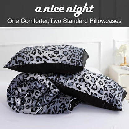 A Nice Night Leopard Printed，Satin Silky Soft Quilt Sexy Luxury Super Soft Microfiber Comforter Quilt Bedding Comforter Set Full/Queen, Light Weighted (Silver, King(88-by-102-inches))