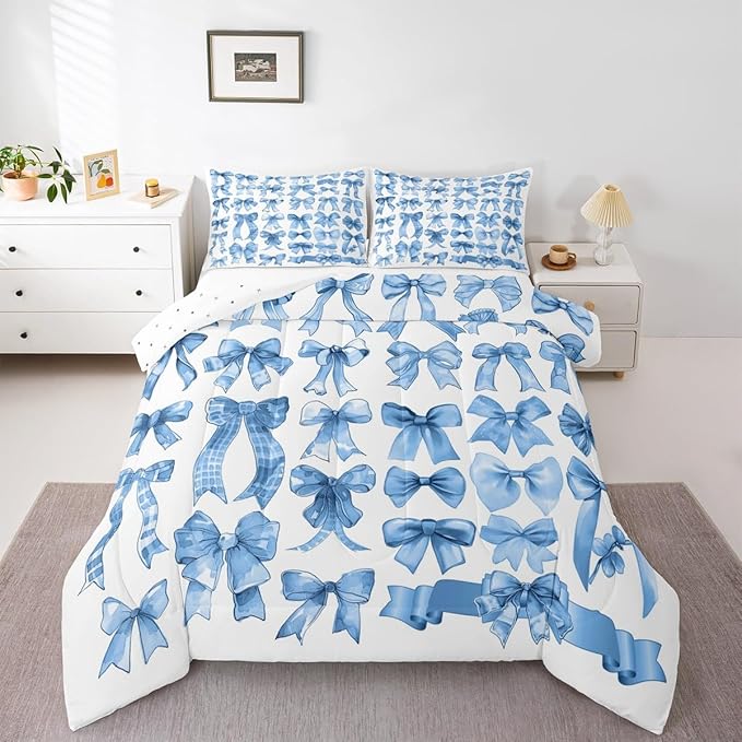 Castle Fairy Cute Bow Comforter Set King Size,Blue Bow Bedding Set 3Pcs for Kids Teens Adults Room Decor,Bows Grid Down Comforter Fashion Preppy Bedding Comforters,2 Pillowcases
