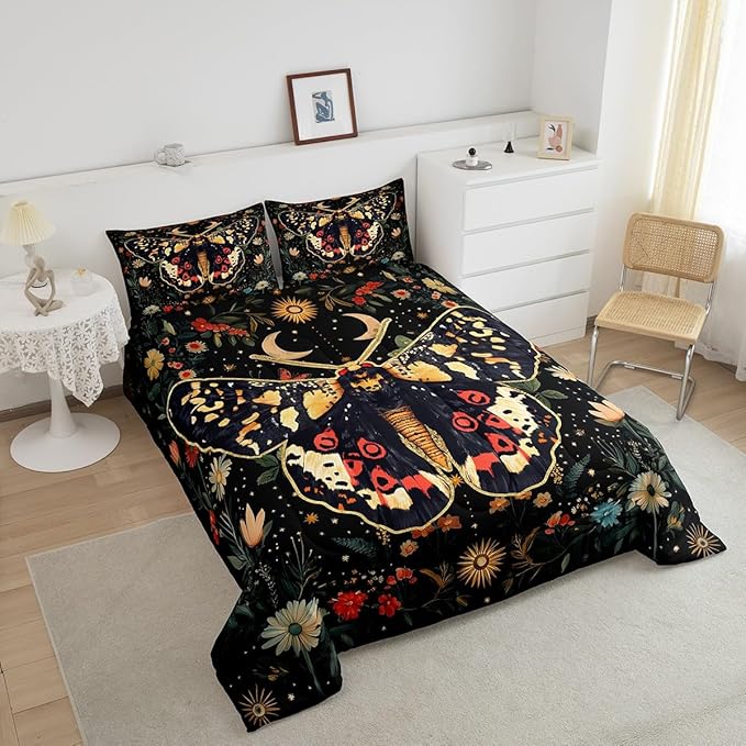 Erosebridal Halloween Boho Moth Bedding Set Toddler, Gothic Nature Comforter Set Boho Exotic Vintage Floral Black Comforter for Kids Teens Youth Women Men Bedroom, Starry Sky Quilt with 1 Pillow Case