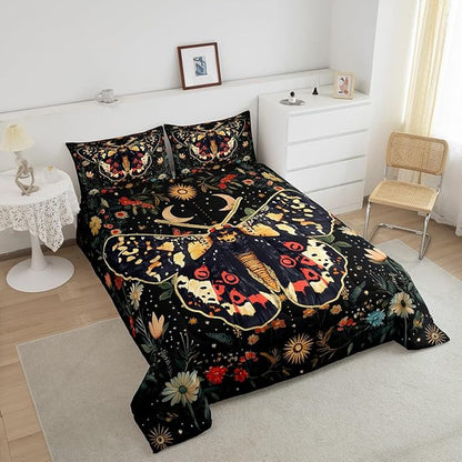 Erosebridal Halloween Boho Moth Bedding Set Full, Gothic Nature Comforter Set Boho Exotic Vintage Floral Black Comforter for Kids Teens Youth Women Men Bedroom, Starry Sky Quilt with 2 Pillow Cases