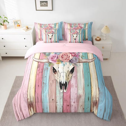 Erosebridal Bull Skull 7 Piece Comforter Set Twin Girly Pink Cowgirls Bedding Sets Sugar Skull Rose Flowers Bed in A Bag Animals Skeleton Floral Quilt Rustic Farmhouse Wooden Board Sheet Set