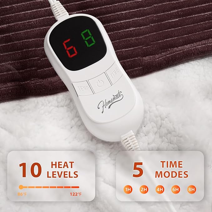 Homemate Electric Heated Blanket Full Size - 72"x84" Heating Blanket Full Size 1/2/4/6/8 Hours Auto-Off 10 Heat Level Over-Heat Protection Soft Flannel Sherpa ETL Certification