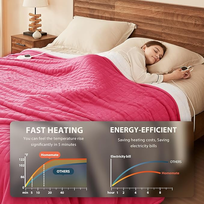 Homemate Electric Heated Blanket Queen Size - 84"x90" Heating Blanket Queen Size Dual Control 1/2/4/6/8 Hours Auto-Off 10 Heat Level Over-Heat Protection Flannel Sherpa ETL Certification