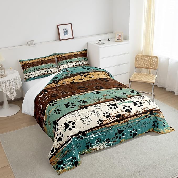 Manfei Dog Paw Print Comforter Set King Size, Animal Theme Bedding Set for Kids Boys Girls Room Decor, Farmhouse Blue Brown Wooden Plank Down Comforter, Soft Polyester Quilt Set,2 Pillowcases
