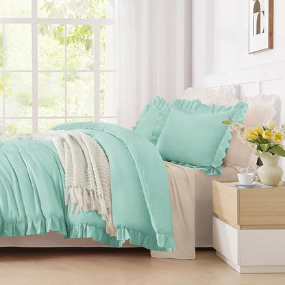 Andency Mint Green Comforter Full Size, 3 Pieces Solid Farmhouse Shabby Chic Ruffle Bedding Sets, All Season Soft Lightweight Comfy Down Alternative Bed Set for Girls Teens Men Women