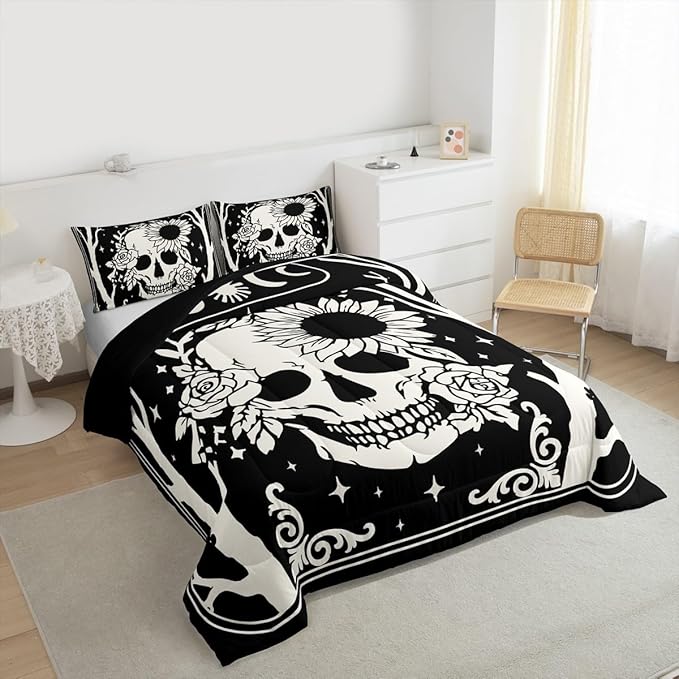 Erosebridal Halloween Skeleton King Size Comforter Set, Gothic Skull Bedding Set, Skull Floral Comforter for Kids Boys Girls Teens Women Men Vintage Halloween Decor, Sun and Moon Black Goth Quilt
