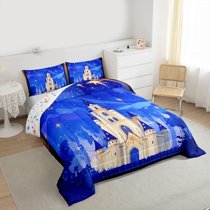 Manfei Princess Theme Kids Comforter Set Full Size,Cartoon Castle Girlish Bedding Set,Girls Women Room Decor,Glitter Starry Sky Galaxy Dreamy Down Comforter,Blue Romantic Duvet Insert,2 Pillowcases