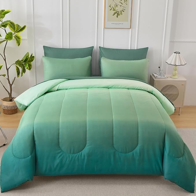 Queen Comforter Set Gradient Green - Bed in a Bag Queen Size 7 Pieces, Luxury Soft Bed Set for All Seasons, Bedding Set with Down Alternative Comforter, Sheets, Pillowcases & Shams