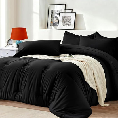 King Size Comforter Set 7 Pieces - Soft Bed in a Bag King Bed Set Black, Cozy Luxury Bedding Sets with All Season Comforter, Flat Sheet, Fitted Sheet, 2 Pillowcases & 2 Shams