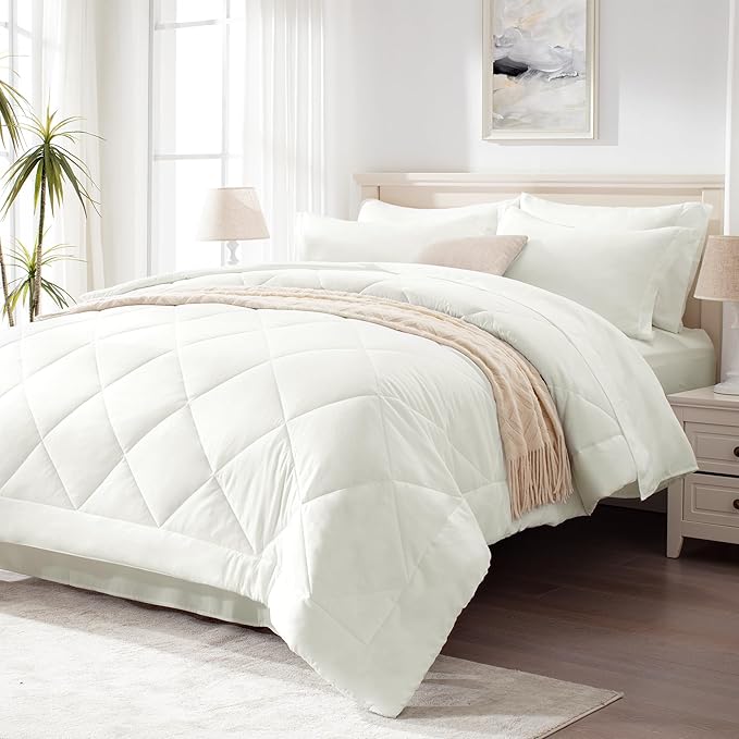 Love's cabin Full Comforter Set Ivory, 7 Pieces Full Bed in a Bag, All Season Bedding Sets with 1 Comforter, 1 Flat Sheet, 1 Fitted Sheet, 2 Pillowcase and 2 Pillow Sham