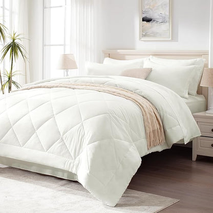 Love's cabin Full Comforter Set Ivory, 7 Pieces Full Bed in a Bag, All Season Bedding Sets with 1 Comforter, 1 Flat Sheet, 1 Fitted Sheet, 2 Pillowcase and 2 Pillow Sham