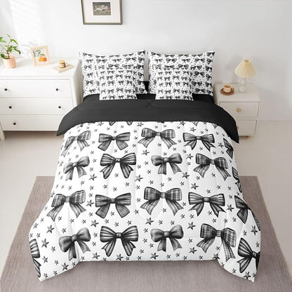 Erosebridal Kids Girls Bowknot Bow Black 7 Piece Bedding Set Twin | Kawaii Cute Comforter Set with Sheets Starry Princess Bed in A Bag Dreamy Bed Sets