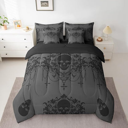 Gothic Bed in a Bag King Size Comforter Set 7 Pieces,Goth Sugar Skull Bedding Set,Charcoal Grey Black Damask Bohemian Vintage Floral Comforter and Sheet Set,Exotic Antique Victorian Baroque Decor