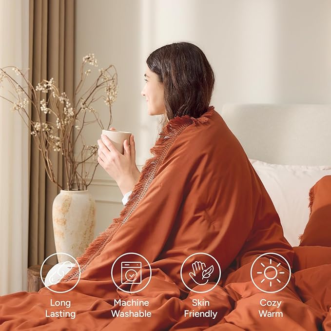 Andency Queen Comforter Set Burnt Orange, 3 Pieces Boho Terracotta Fall Tassel Lightweight Bedding Comforter Sets, All Season Rust Soft Bed Set (90x90In Comforter & 2 Pillowcases)