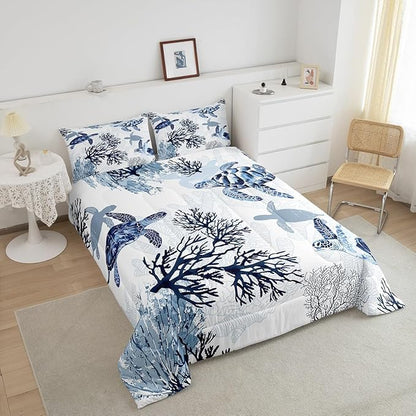 Erosebridal Turtle Comforter Set Queen White Blue Sea Turtle Bedding Set for Kids,Reptile Coastal Tortoise Quilt Hawaiian Beach Theme Comforter for Boys Girls Room