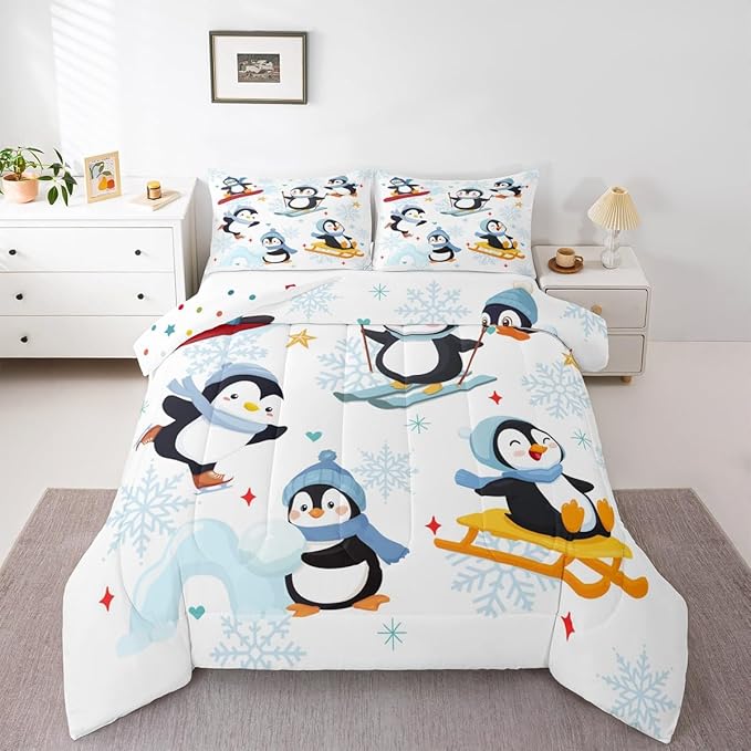 Cute Cartoon Skiing Penguin Boys Girls Comforter Set,Merry Christmas Theme Duvet Set for Room Decor,Winter Snowflake New Year Brushed Microfiber Soft Quilt Cover,Full