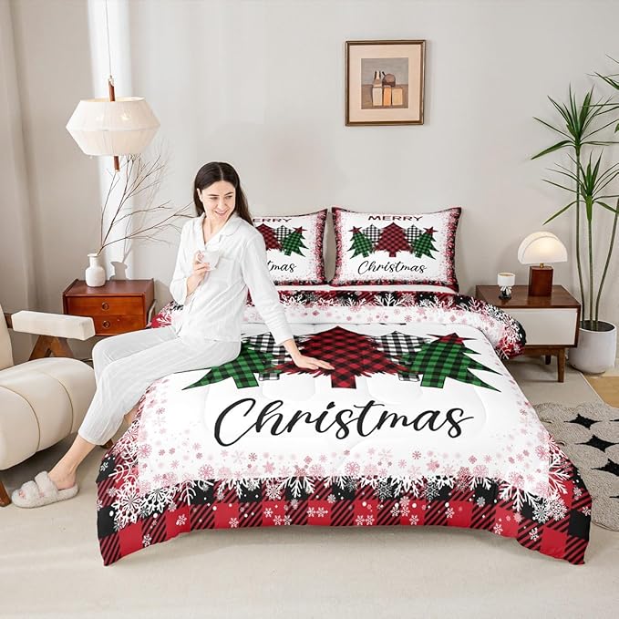 Christmas Plaid Tree Comforter Set King Size,Red Green Black Grid Bedding 3pcs for Kids Girls Adult Winter Room Decor,Fantasy Snowflake Quilt Vintage Chic Duvet Insert,2 Pillowcases